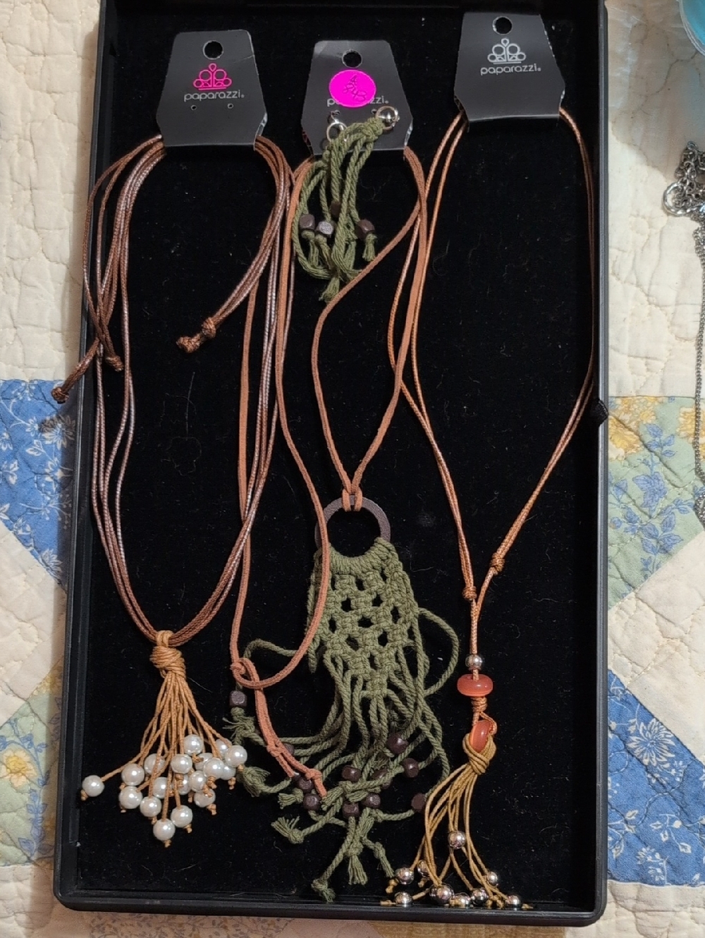 paparazzi Olive Green Macramé Layered Pendant Necklace with Brown Cords